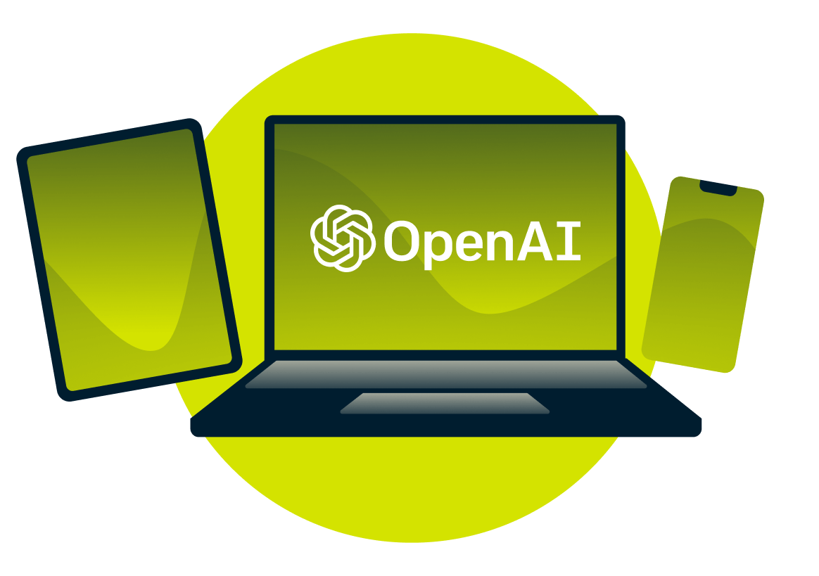 En b&aelig;rbar PC, nettbrett og telefon med OpenAI-logoen.