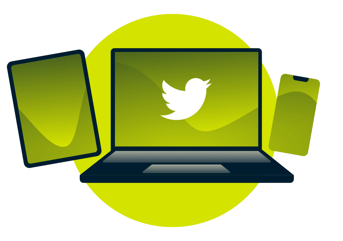 ノートパソコン、タブレット、スマホに、Twitterのロゴが入っています。
